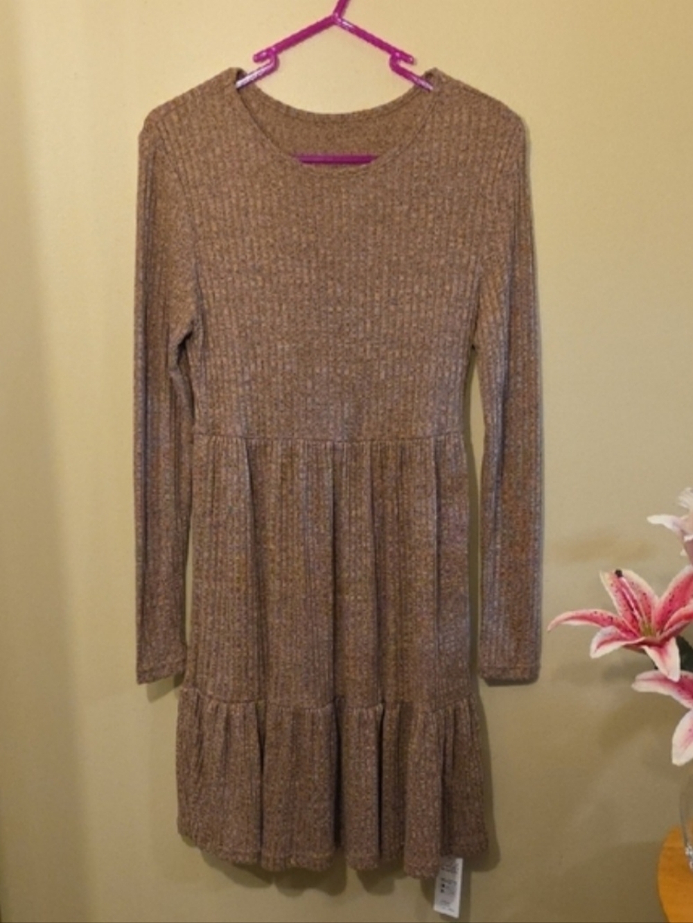 Cupshe Brown Ribbed Knit Long Sleeve Flounce Mini Dress BRAND NEW - Picture 3 of 7